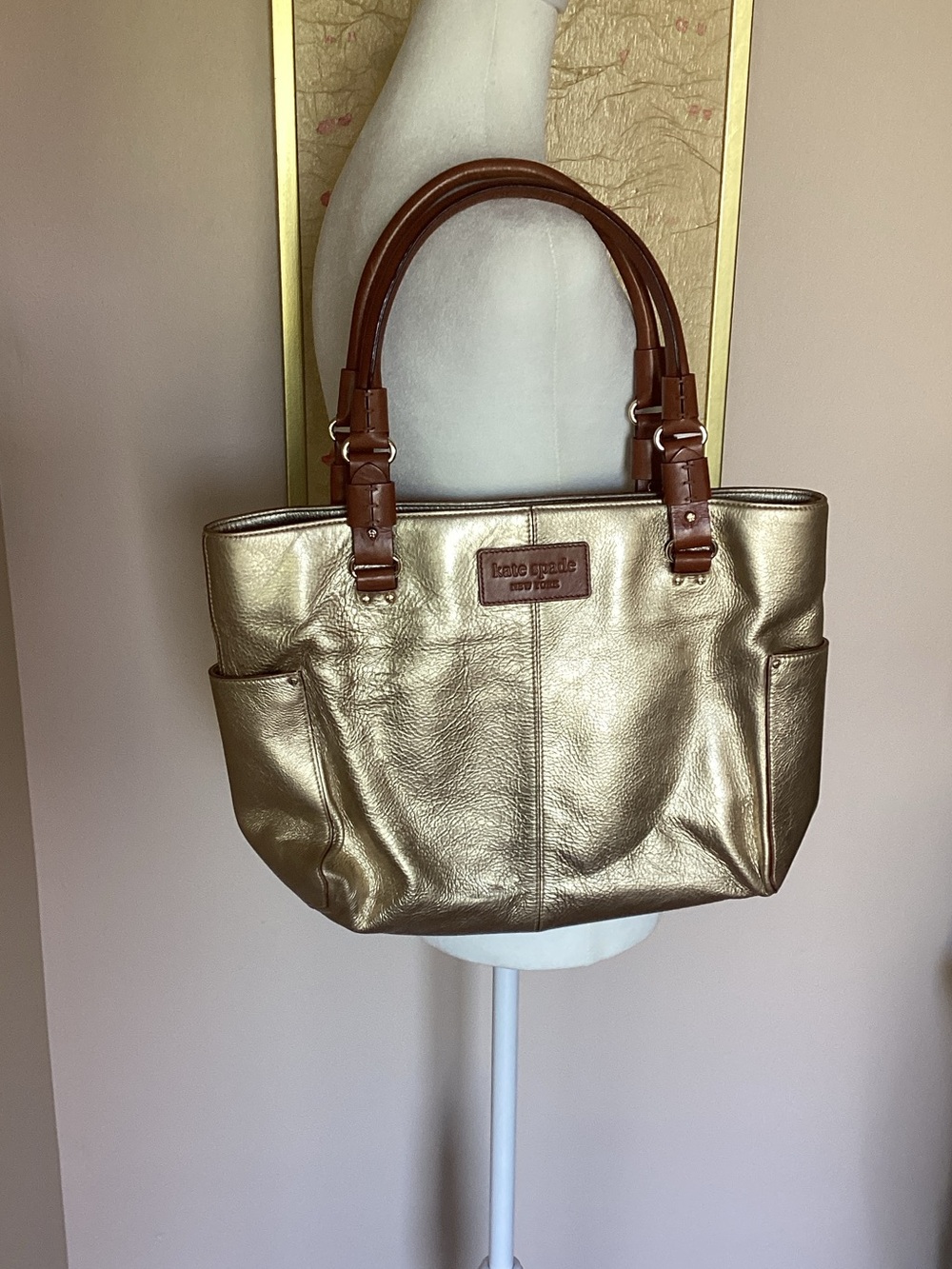kate spade Metallic Gold Tote with Brown Handles